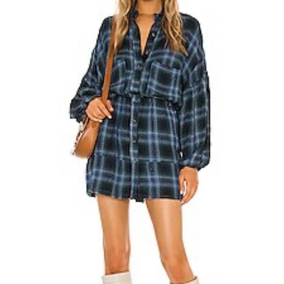 WE THE FREE PEOPLE By the Way Plaid Mini Dress Blue Mini Raw Hem XS Fall - Picture 1 of 11